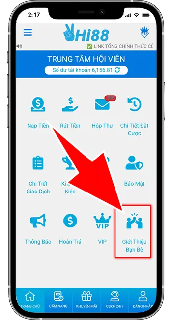 Bước 2: Chọn "Tài Khoản" → "Giới Thiệu Bạn Bè"